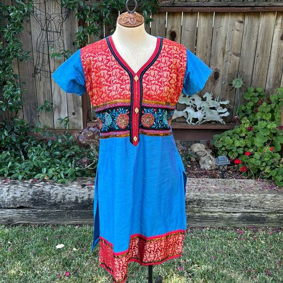 Indian Turquoise Georgette Rhinestone Vintage Dress Women's size XL - Picture 1 of 13